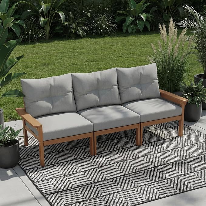 HDPE 3 Piece Patio Furniture Set, All-Weather Outdoor Couch Set with Thick Cushions, Patio Conversation Sets for Lawn, Garden, Porch, Balcony, Deck, Poolside, Teak