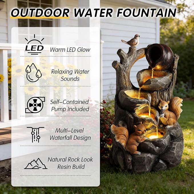 30.1" H Modern Squirrel Outdoor Water Fountain with LED Lights and Pump, Floor Standing Waterfall Feature Outdoor Garden Fountain for Garden, Porch, Patio and Backyard Decor