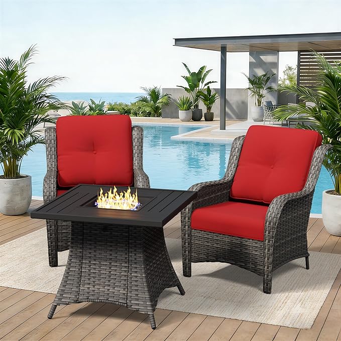 3 Pieces Outdoor Wicker Patio Furniture Set with Fire Pit Table, Patio Chair Set with Thickened Olefin Cushions, High Back and Deep Seating, Hand-Woven PE Rattan for Porch, Deck