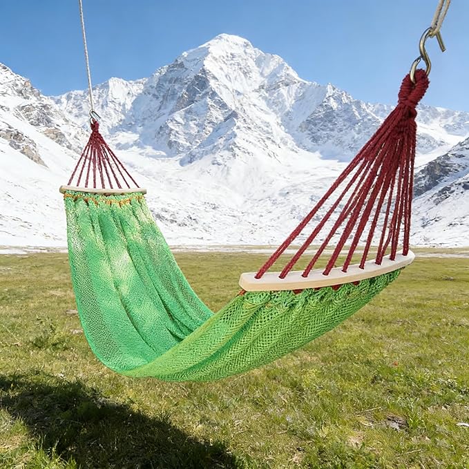 Portable Hammock Chair Swing, Super Soft Breathable Nylon Mesh Hammock Tent Camping Backyard Patio，Heavy Duty Hanging Swing for Indoor Outdoor (Green, with Wooden Support)