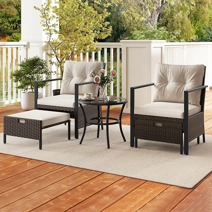 Tangkula 5 Piece Outdoor Furniture Set, Rattan Chairs & Ottomans w/Round Glass Topped Coffee Table, Space Saving Cushioned Patio Conversation Set for Backyard, Poolside (Off White)