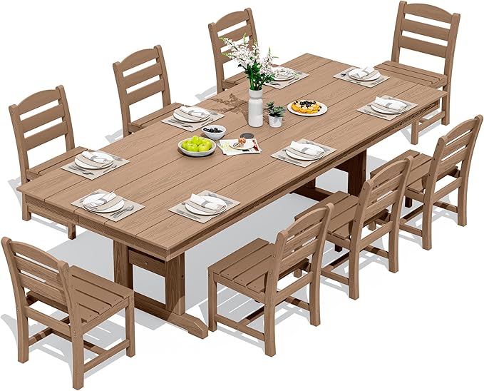 SERWALL 9 Piece Outdoor Dining Set, 84" HDPE Outdoor Table and Armless Chairs Set for 8，All Weather Patio Furniture Set with Umbrella Hole for Backyard, Garden, Brown