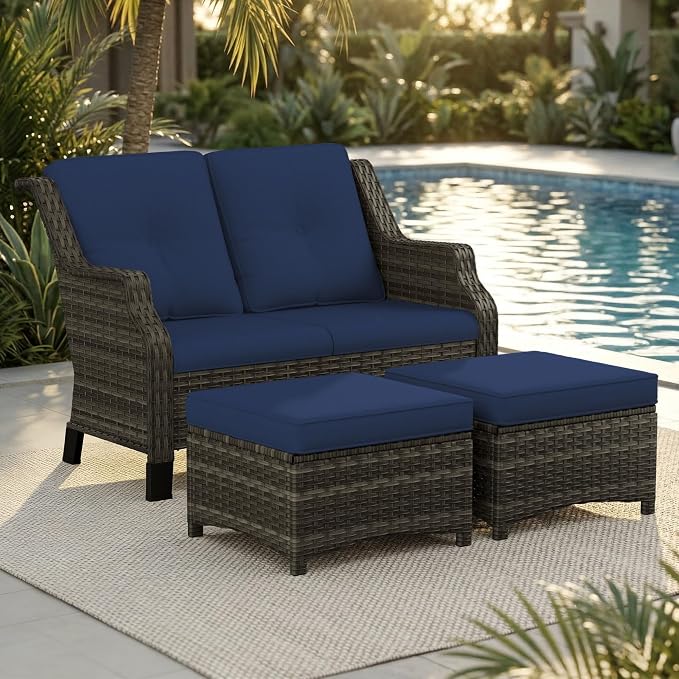 3 Pieces Patio Furniture Set, Outdoor Furniture Set with 1 Wicker Loveseat, 2 PE Rattan Ottoman, Thick Cushions, Ideal for Backyard, Garden, Poolside, Blue