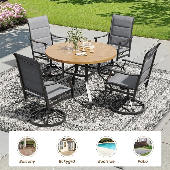 Soohow 5-Piece Outdoor Dining Set, Round Patio Dining Table and Chairs Set, 4 x Swivel Patio Chairs and 41" Round Outdoor Dining Table with 1.57" Umbrella Hole, Wood-Like, Poolside, Backyard, Deck
