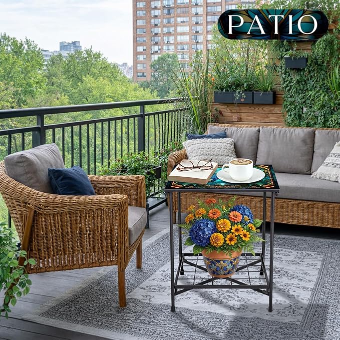Cinnvoice Outdoor Side Table 2-Tier Storage Square Small Mosaic Patio Accent Indoor End Plant Coffee Tea Table for Yard Patio Porch Garden Living Room, Bedroom(Butterfly Style)