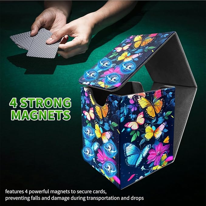 Colorful Butterfly Card Deck Box for MTG, Personalized Card Storage Case Fits 120+ Sleeved Cards, Premium Leather TCG Box with Strong Magnetic Closure for Magic, CCG, PTCG, Baseball Cards