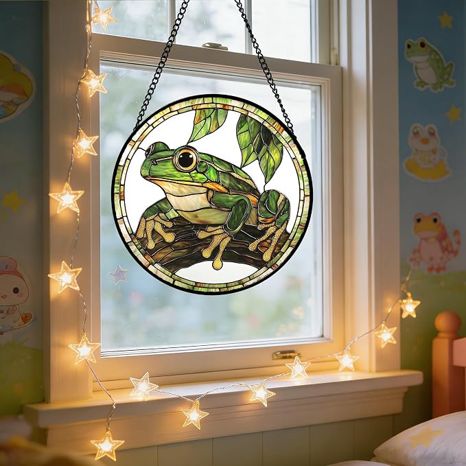 DASTOLL Stained Glass Window Hanging, Frog Green Leaf Sun Catchers Colorful Glass Panel Cool Suncatcher Decor for Birthday for Women, Men, Wife, Aunt, and Mom 6.3 in