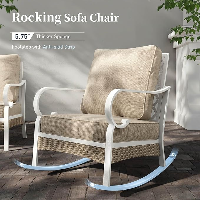 4 Piece Metal Outdoor Patio Furniture Sets, Patio Conversation Sets 1 2-Seater Sofa, 2 Single Sofa with 5.75" Thick Cushion and Coffee Table, White Frame Backyard Furniture, Beige