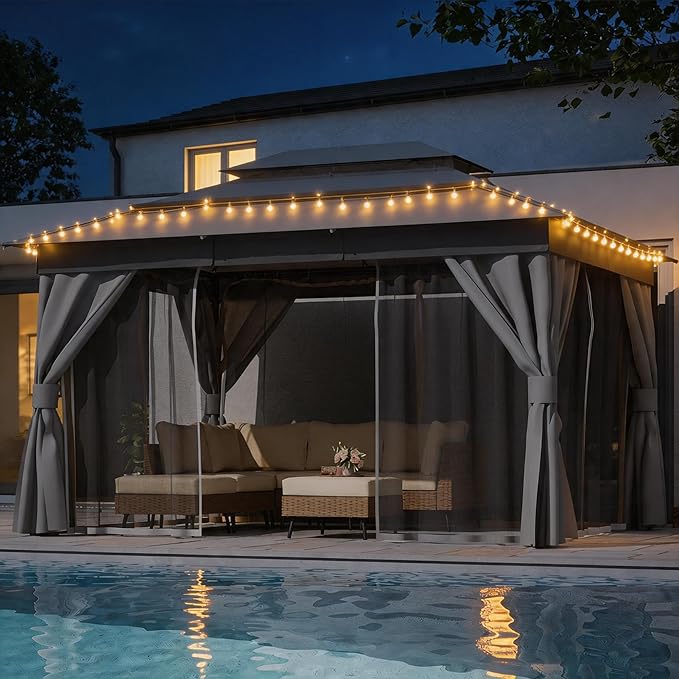 LAUSAINT HOME Patio Gazebo 10'x13', with 50ft Lights Outdoor Heavy Duty Party Tent Shelter with Double Roofs, Mosquito Nettings and Privacy Screens for Backyard, Garden, Lawn, Gray