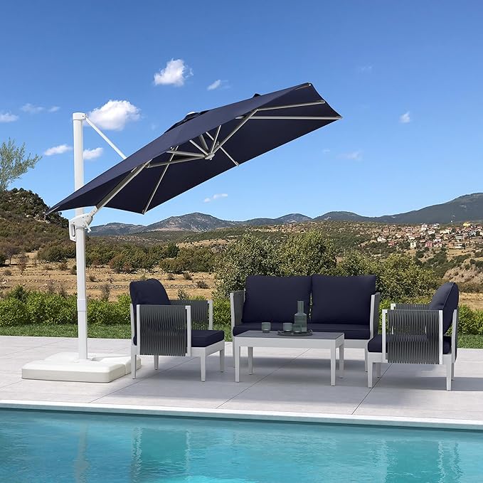 PURPLE LEAF 8 FT Patio Umbrella White Cantilever Umbrella Aluminum Square Outdoor Offset Umbrella Hanging Windproof with 360° Rotation for Garden Deck Pool, Navy Blue