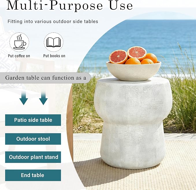 Modern Outdoor Side Table Round Concrete Side Tables with Faux Stone Crack Finish, MGO Patio End Table for Living Room Garden Balcony,Fully Assembled, Grey