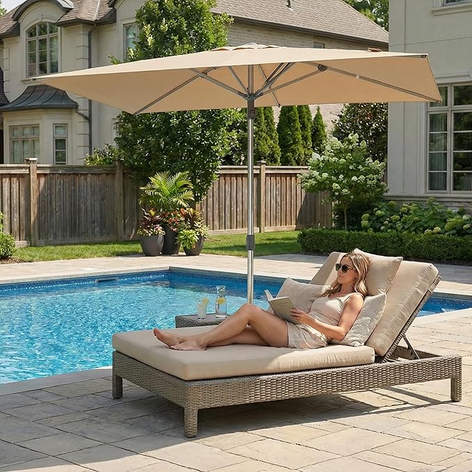 PURPLE LEAF 6 X 10 FT Commercial Rectangle Patio Market Umbrella Semi Auto Heavy Duty 1.9" Aluminum Pole 6 Sturdy Ribs for Outdoor Dining Business Restaurant Poolside Hotel Resort Wedding Venue Cafes Garden Beige
