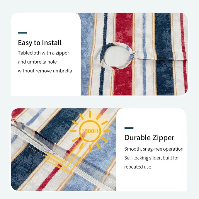 DYTXIII Outdoor Rectangle Tablecloth with Umbrella Hole and Zipper 84" x 60", Water Repellent Floral Picnic Cover, Fade & Wrinkle Resistant Tablecloth for Patio/Garden/Party Table, Stripe Red Blue