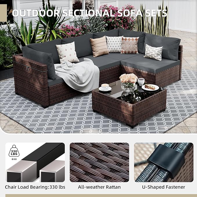 UPHA 5 Pieces Patio Furniture Sets, Wicker Outdoor Sectional Sofa Couch with Coffee Table, Patio Conversation Set for Deck Backyard Garden, Brown Rattan, Dark Gray Cushion