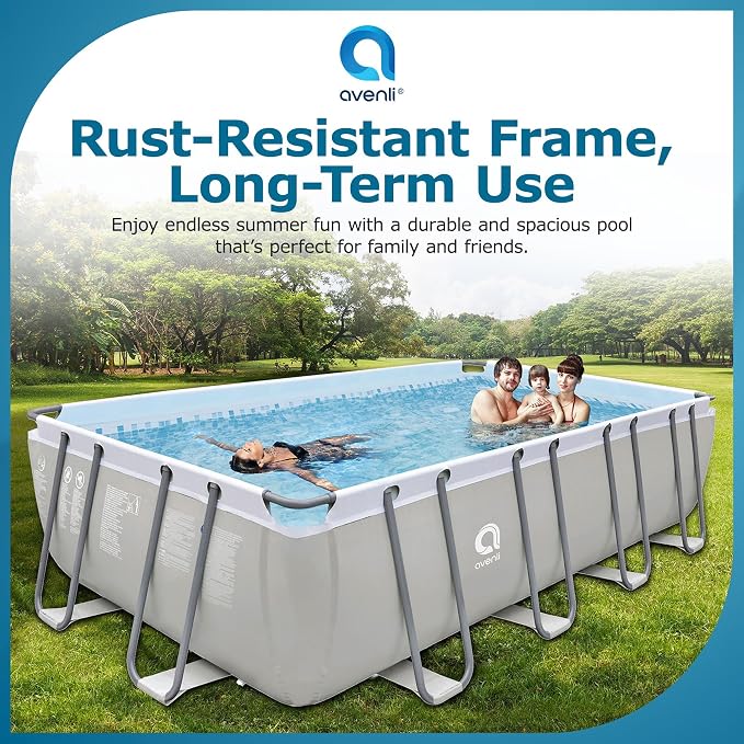 JLeisure Avenli 18 by 10 by 4 Feet Outdoor Backyard Above Ground Rectangular Steel Frame Swimming Pool for Adults and Kids with Repair Kit, Gray