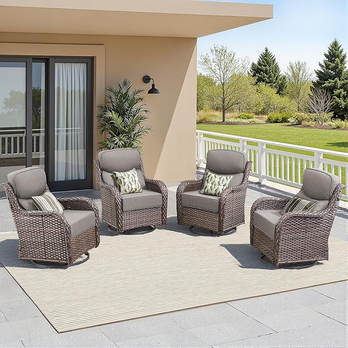 Luxury Outdoor Swivel Rocker Patio Chairs-4 Pieces High Back Swivel Rocker Patio Chairs with Thick Cushions All Weather Wicker Outdoor Furniture Set for Deck Porch Balcony(Brown/Grey)