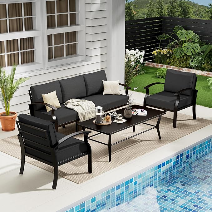 Aluminum Outdoor Patio Conversation Furniture Set,5 Seats Metal Modern Outdoor Furniture with Coffee Table & Washable 5.1" Thick Cushions,Patio Sectional for Backyard,Patio,Grey