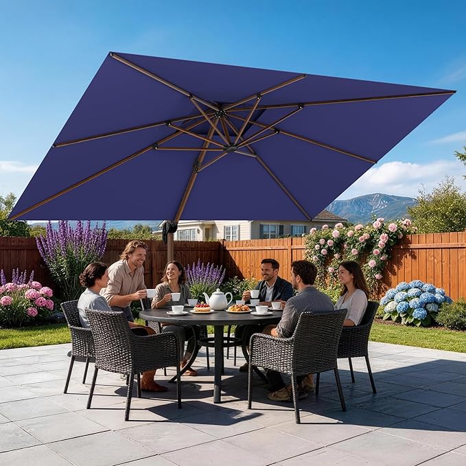 GENTEACO 10x13FT Rectangle Cantilever Patio Umbrella w/Base Included, Deluxe Wood Pattern Pole & 7 Angle Tilts, 360° Rotation, Offset Hanging Market Umbrellas for Garden Pool Patio, Navy Blue