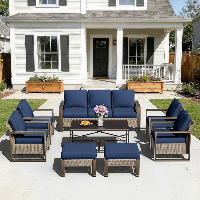 8 Pieces Metal Wicker Patio Furniture Set - 75" Sofa, Four Armchairs and Two Ottomans, One Coffee Table All Weather Rattan Outdoor Conversation Furniture with Washable Cushion for Deck, Dark Blue