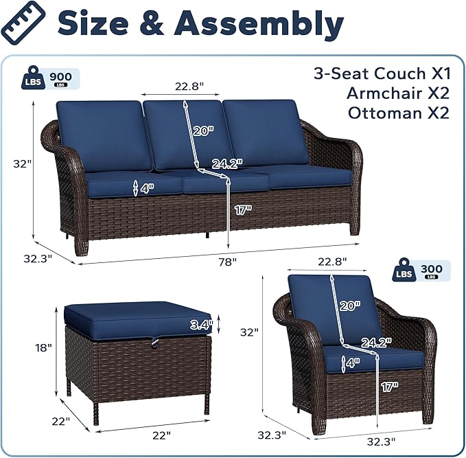 5 PCS Outdoor Conversation Set | 78" Couch, 2 Chairs, 2 Ottomans, Patio Wicker Conversation Furniture with Removable Cushions for Bistro, Deck, Sunroom (Navy Blue)