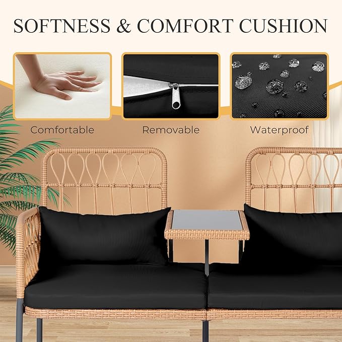 PROHIKER Patio Furniture Outdoor Rattan Loveseat 2-Seat with Built-in Table, Lumbar Pillows and Cushions, All-Weather Wicker Loveseat Porch Chairs for Balcony, Lawn, Backyard