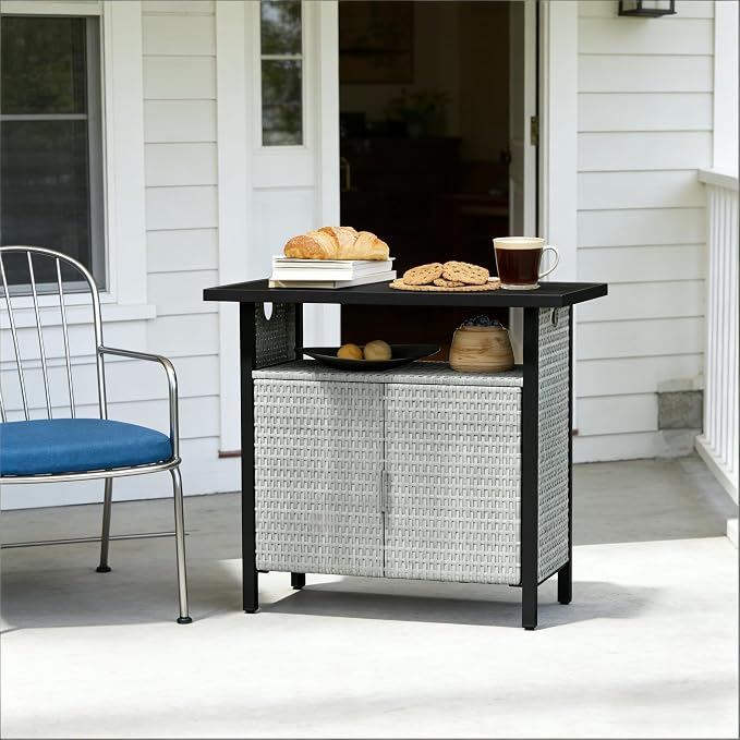 PE Rattan Outdoor Storage Box and Poolside Towel Cabinet, Weather-Resistant Wicker Deck Box with Wood Grain Steel Top and Open Shelf for Patio Organization, 35.4 x 19.7 x 35.4 Inches, Gray