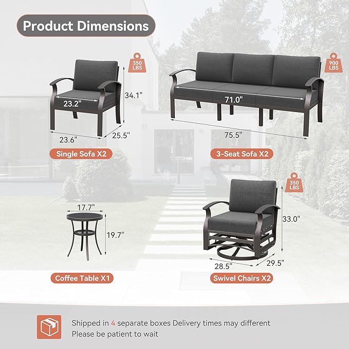 Kurapika Aluminum Patio Furniture Set 10-Seat Modern Metal Outdoor Conversation Sets w/Swivel Rocking Chairs Patio Sectional Sofa w/5.1 Inch Cushion, Black