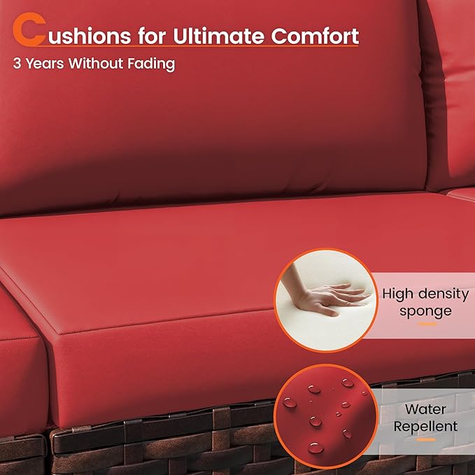 Patio Furniture Set, 7-Piece Outdoor Sectional Rattan Sofa Set with Coffee Table (Burgundy Cushions with Brown Rattan)