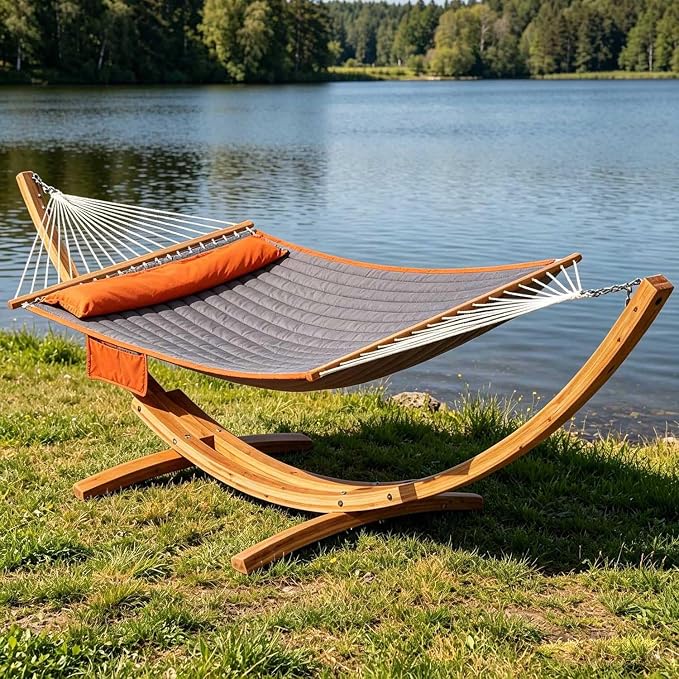 Lazy Daze Hammocks 2 Person Double Quilted Hammock with Spreader Bar, Detachable Pillow & Side Pocket, 450lbs Capacity for Patio Yard Garden Outdoor, Grey & Orange