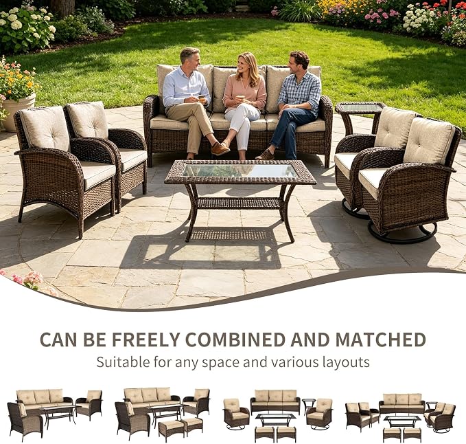 Outdoor Swivel Rocker Patio Chairs (Brown Wicker/Khaki Cushion, 7PC/Sofa & Swivel & Chair &2 Table)