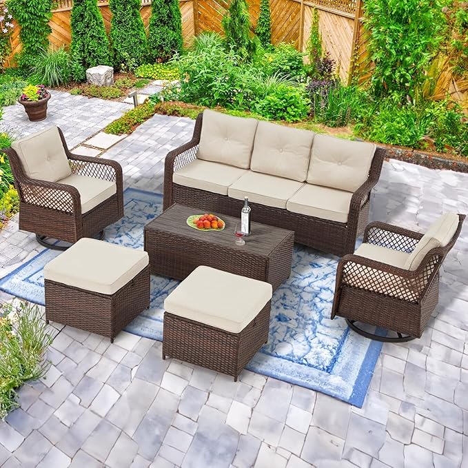 6 Pieces Wicker Patio Furniture Set Conversations Sets, 2 Outdoor 360° Swivel Chairs, Patio Swivel Chair with Table and Ottoman for Garden, Poolside, Backyard (Beige)