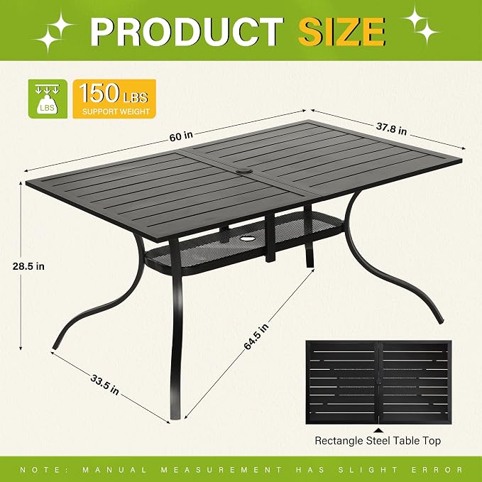 Oakcloud 60"x36" Patio Dining Table, Outdoor Metal Rectangular Table Patio Furniture Classic Black Table with 1.57" Umbrella Hole, for Garden Backyard Poolside Deck