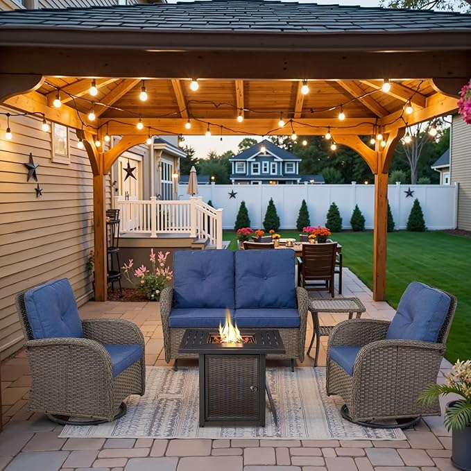 Belord 5 Pieces Patio Furniture Set with 30” Propane Fire Pit Table, Deep Seating Swivel Rocker Glider Outdoor Chairs Set of 4 with Side Table Set of 2 Patio Conversation Set Gray Wicker