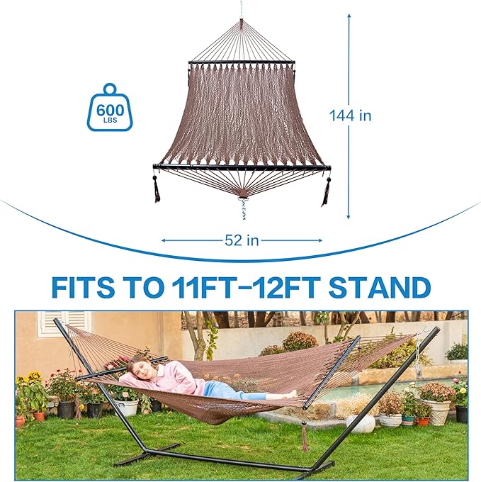 PNAEUT Double Rope Hammocks for Outside, Handwoven Double Caribbean Hammock with Spreader Bar for Outdoor Indoor, Max 600 lbs Capacity (Mocha)
