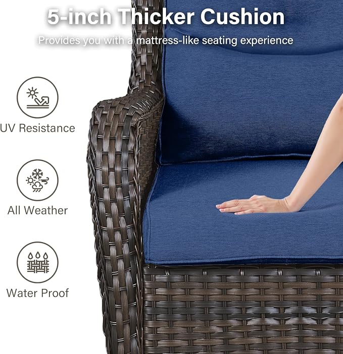 Outdoor Swivel Rocker Patio Chairs Set of 4 with Ottoman Coffee Table - 5" Thick Cushion 7 Piece Furniture Set All Weather Comfortable Wicker Conversation Set for Porch Deck - Brown/Blue