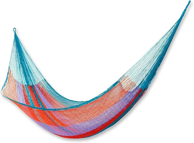 NOVICA Bright Pink Orange Turquoise Blue Striped Tropical Hand Woven Nylon Mayan 2 Person XL Rope Hammock with Hanging Accessories, 'Maya Celebration' (Double)