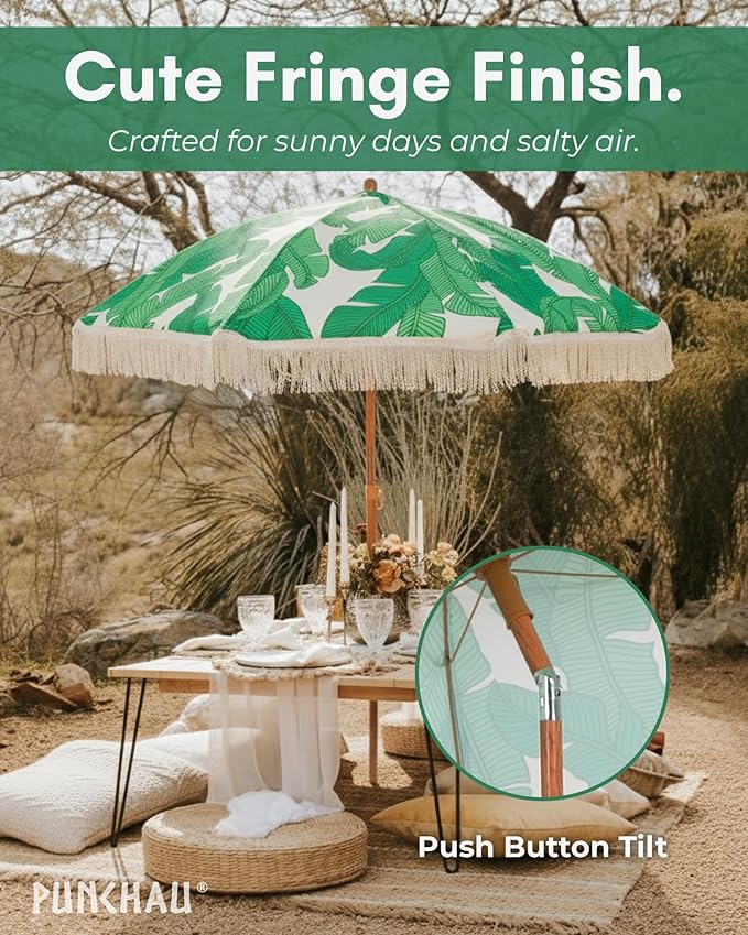 6 Ft Fringe Patio Umbrella - Outdoor Umbrella for Patio, Pool, Table, Garden, Deck, Beach, and Outdoors - Fashionable Boho Vintage Tassels & Wood Print - Push Button Tilt Pole