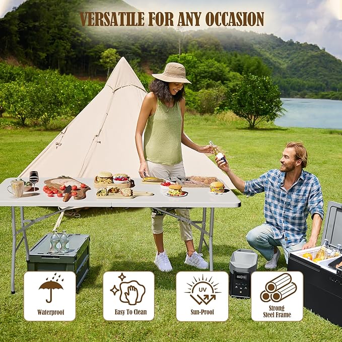 6FT Folding Picnic Table for Outdoor, No Assembly Required Portable, White Foldable Table for Camping, Parties, with Carrying Handle (White, 1 Pack)