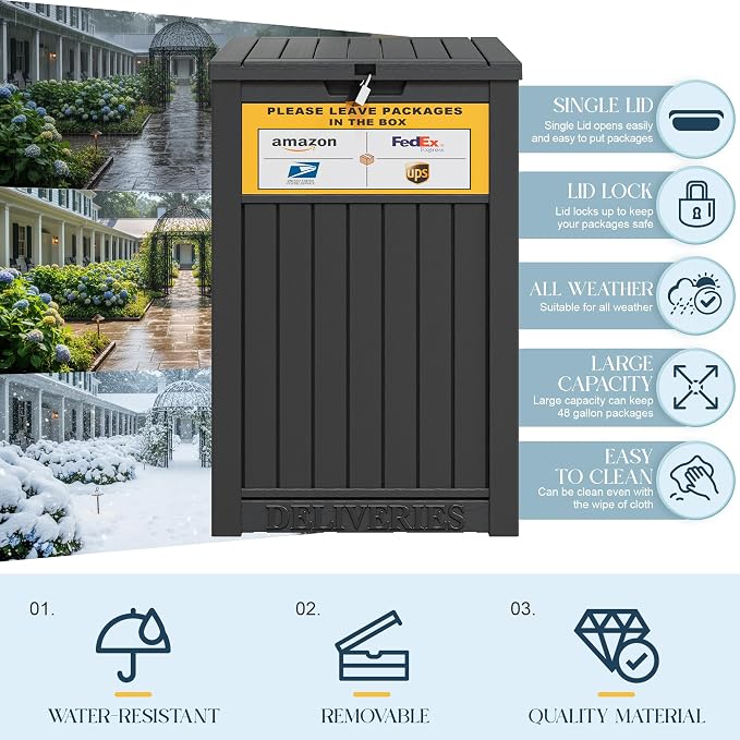 Package Delivery Box for Outside With Sign, Lockable Outdoor Storage Box Waterproof Deck Box, Large Double Wall Resin Parcel Drop Boxes, 48 Gallon, Classic Black