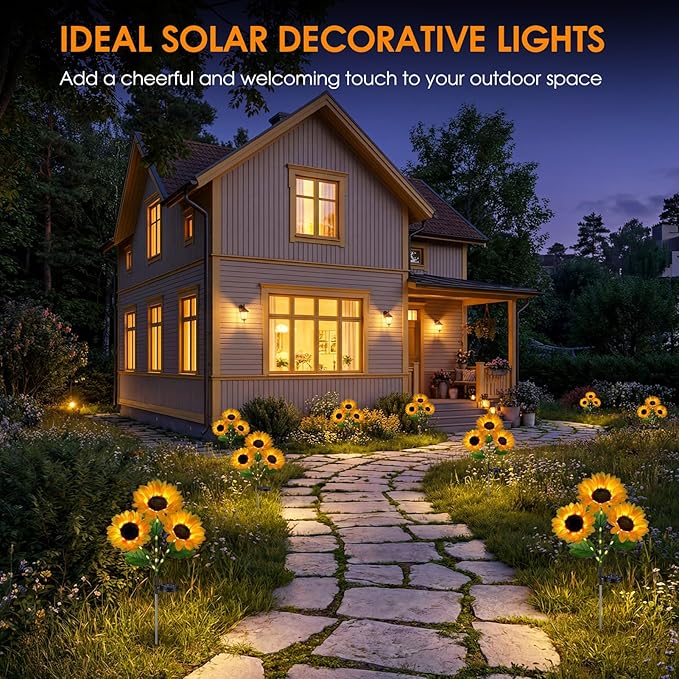 Solar Sunflowers Outdoor Waterproof, 3 Pack Solar Flowers Stake Lights with 9 Big Realistic LED Sunflower for Yard, Garden, Cemetery Grave, Lawn, Flower Pot, Fall Outside Decorations (Sunflowers)