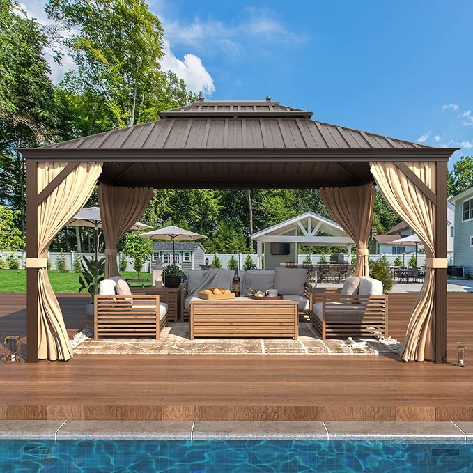 YOLENY 10'x12' Hardtop Gazebo with Double Galvanized Steel Roof, Gutters, Aluminum Frame, Curtains & Netting, Outdoor Metal Gazebos for Patio Garden Lawn Parties