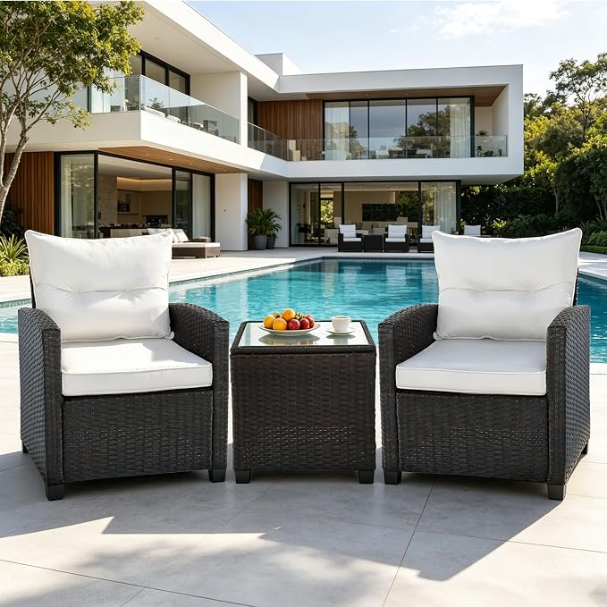 3 Pieces Patio Furniture Set,Outdoor Wicker Conversation Set,Outdoor Wicker Patio Chairs with Cushions & Glass Coffee Table,Bistro Set Outdoor for Porch (White)