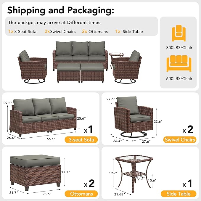 Patio Furniture Sets, 6 Pieces Patio Outdoor Sectional Furniture, Wicker Rattan Conversation Sofa with Swivel Chair, Ottomans, Side Table, 4" Thick Cushion for Deck Porches Balconies, Dark Grey