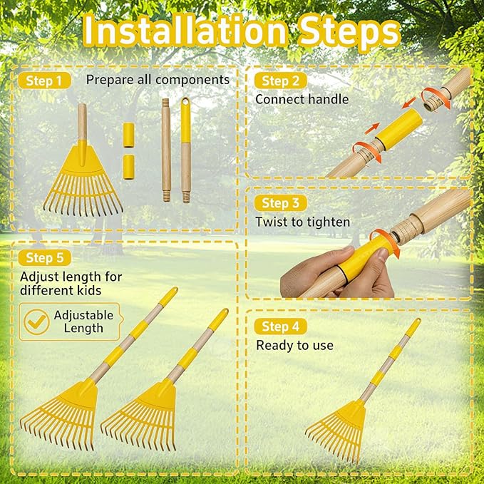 2 Pack Kids Adjustable Leaf Rake Set – 28" to 34" with Detachable Wooden Handles, Lightweight Plastic Head, Designed for Kids, Includes 2 Pairs of Gloves & Leaf Bag (Yellow)