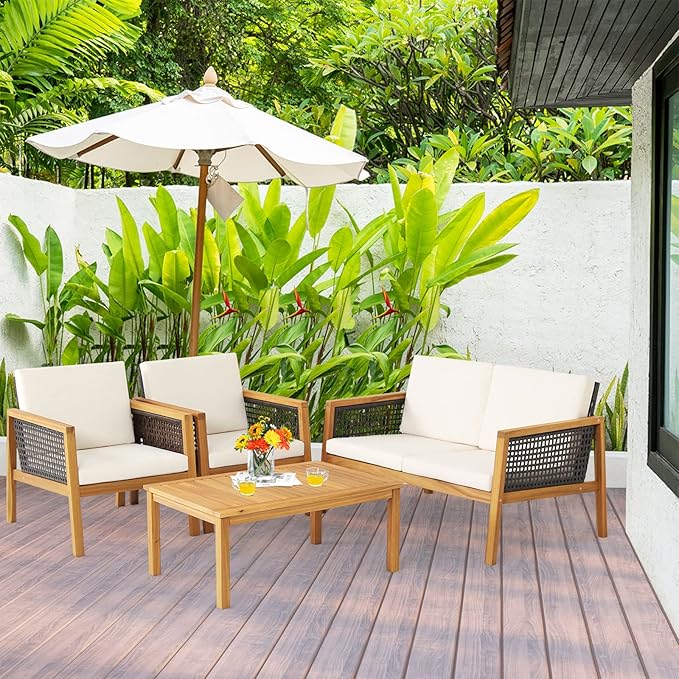 HAPPYGRILL 4 Pieces Patio Conversation Set Acacia Wood Furniture Set with Coffee Table, PE Rattan Wicker Sofa Set with Soft Cushions for Outdoor Garden Deck Poolside