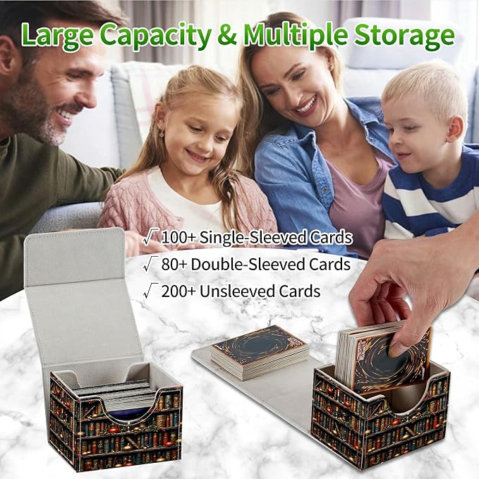 Card Deck Box for MTG, Cards Storage Box Fits 120+ Sleeved, Leather Small Size Strong Magnetic Closing Card Case for Board Games Magic TCG CCG Baseball Collection, Red Library Books