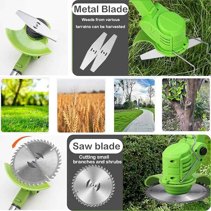 Weed Wacker Battery Operated, 21v 3 in 1 String Trimmer Cordless with 2 * 2.0ah Li-Ion Battery Powered & 3 Cutting Blade Types Edger Lawn Tool Extends from 35" to 47" 1
