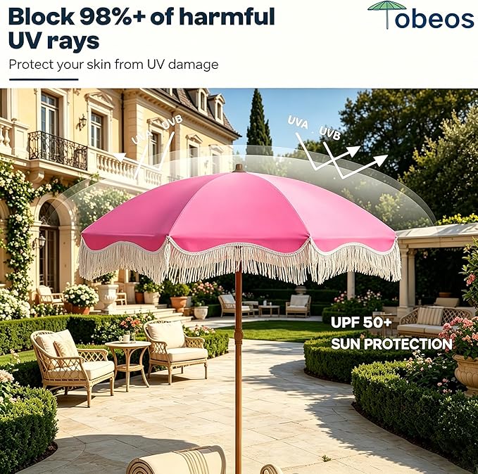 7FT Patio Umbrella with Fringe, Outdoor Tassel Umbrella with Fiberglass Ribs, Boho Beach Umbrella, Push Button Tilt and Carrying Bag, UPF50+