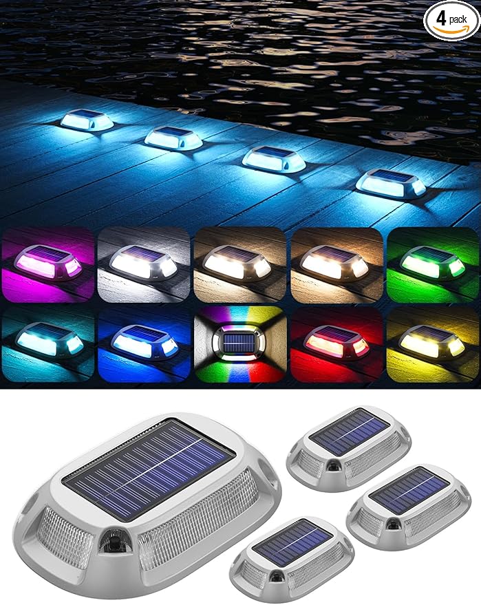 4Pack Aluminum Alloy Solar Driveway Lights, IP68 Solar Deck Light Marine Dock Lights Outdoor Waterproof, Multi-color LED Driveway Markers for Walkway, Path Decor [12Modes - Strobe/RGB/Fix-color]