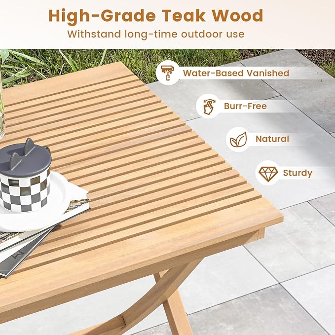 Tangkula 27.5 Inch Teak Wood Patio Dining Table, Square Outdoor Bistro Table with Slatted Tabletop, Sturdy Wood Frame & Thickened Top, Teak Outside Dining Table for Balcony, Deck, Porch, Backyard